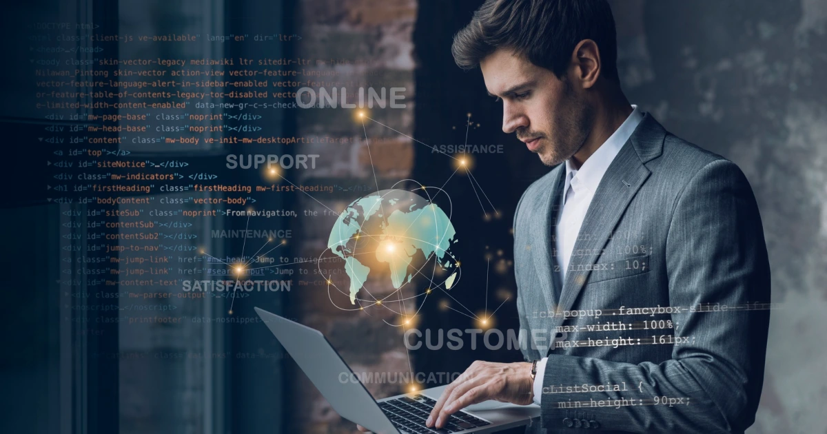 IT professional using digital platform with global tech interface