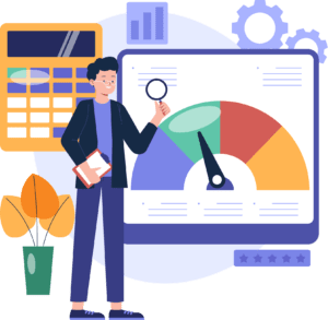 Performance management software dashboard illustration with KPI analytics
