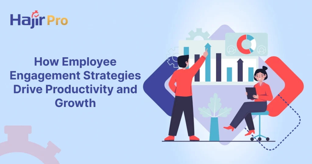 Illustration of two employees analyzing charts and graphs, representing how employee engagement strategies improve productivity and business growth.