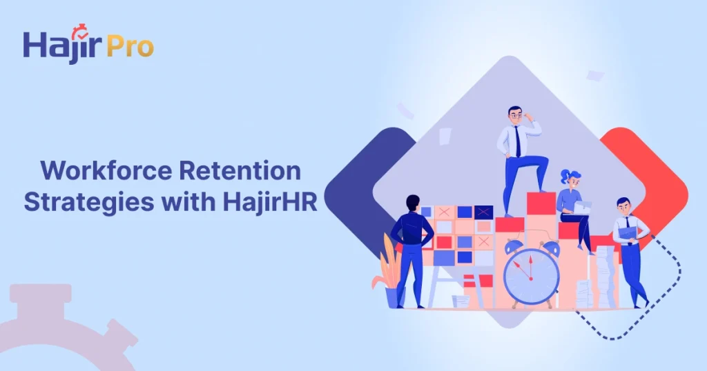 Illustration of professionals planning workforce retention strategies with clocks, files, and digital tools.