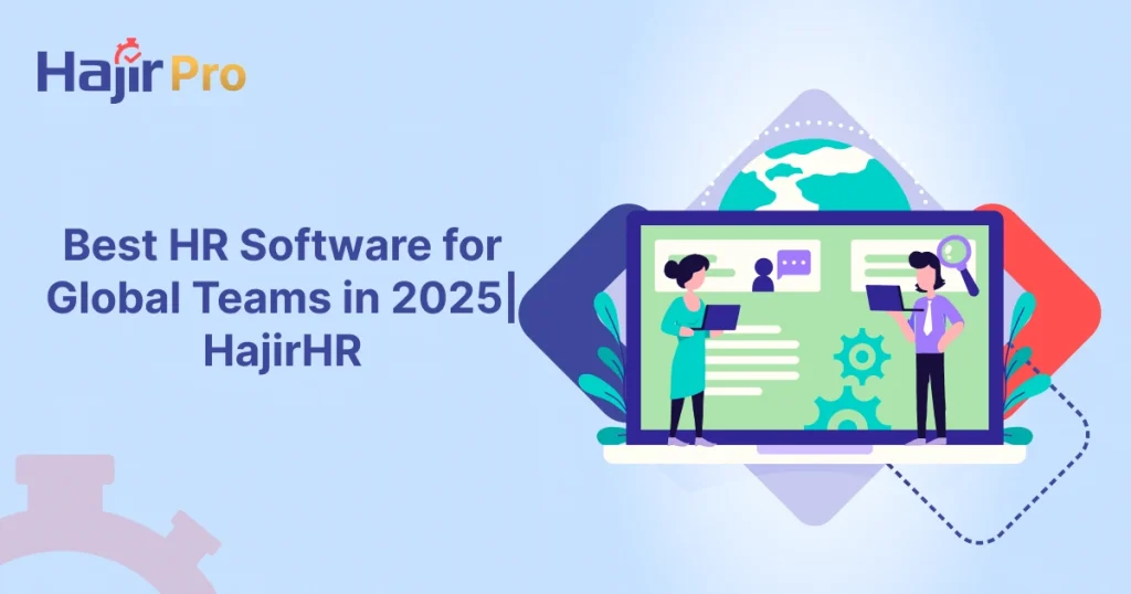 Illustration of two people working on laptops in front of a large screen, representing HajirHR's global HR software for 2025.