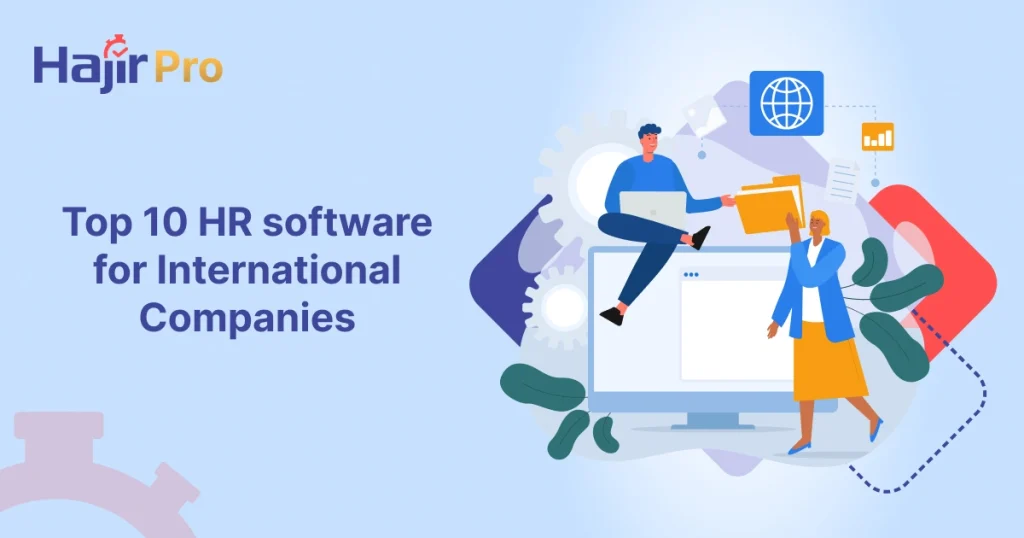 Illustration showing two professionals with digital tools representing the top 10 HR software for international companies.