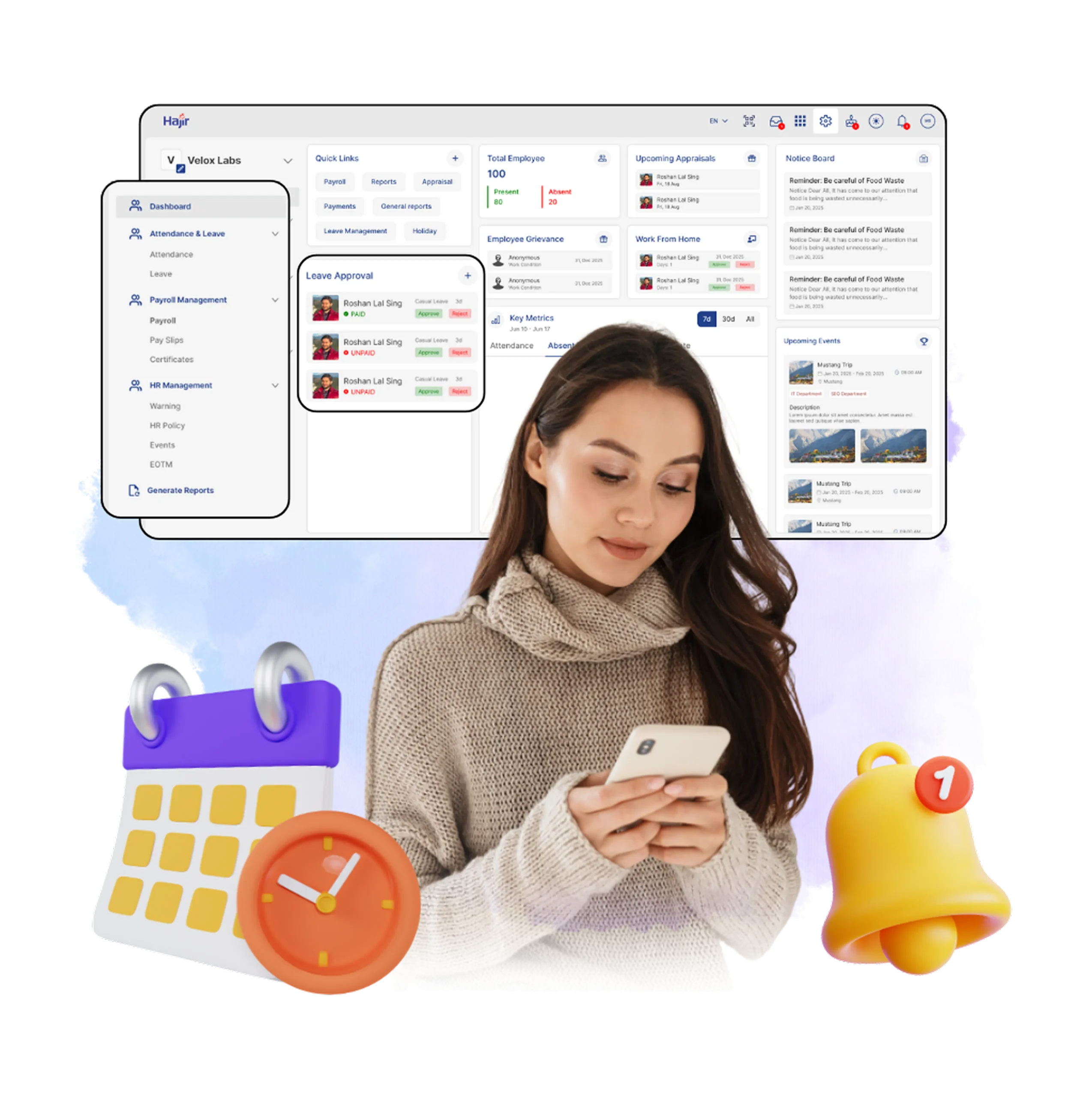 Modern HRMS Software dashboard showing attendance, payroll, and employee management tools by HajirHR Nepal.