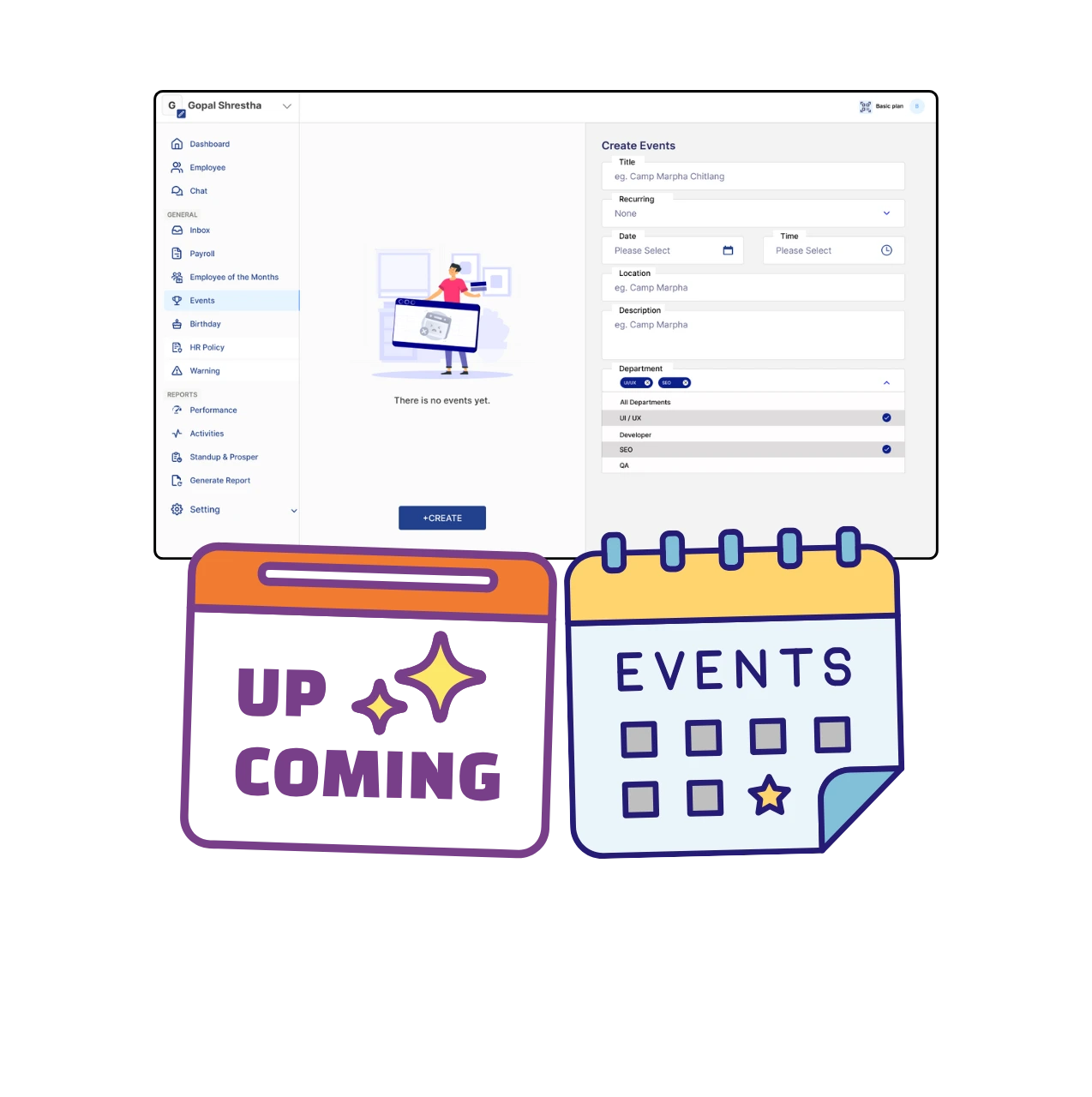 HajirHR Events and Notification Management dashboard